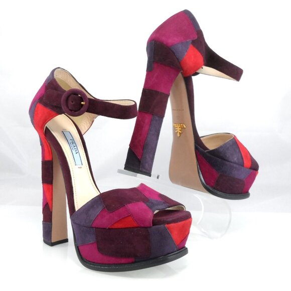 NIB$990 Collection Prada Patchwork d’Orsay Ankle Strap Platform Heels Vintage 37 - Picture 11 of 16